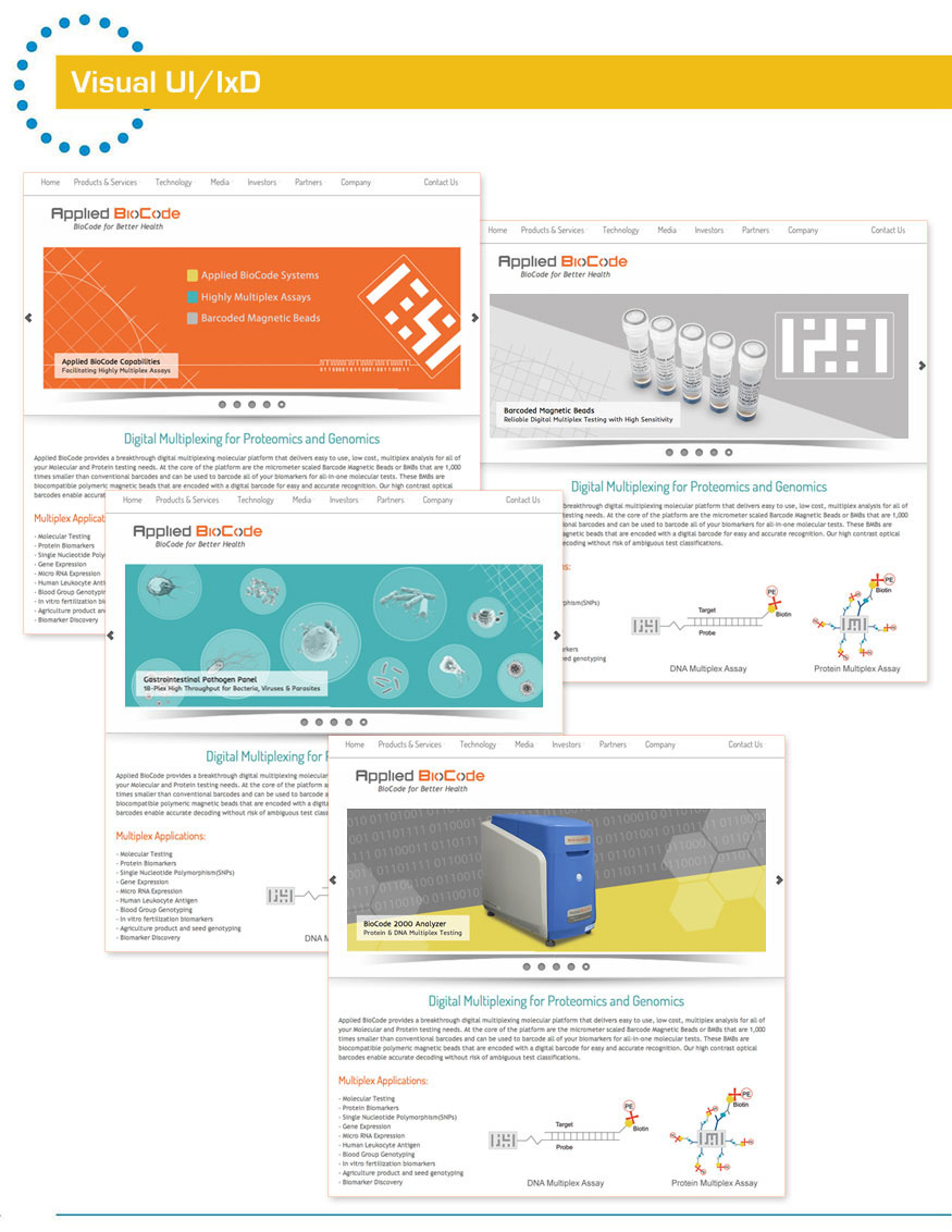 Applied BioCode visual UI portfolio board featuring website pages and product communication