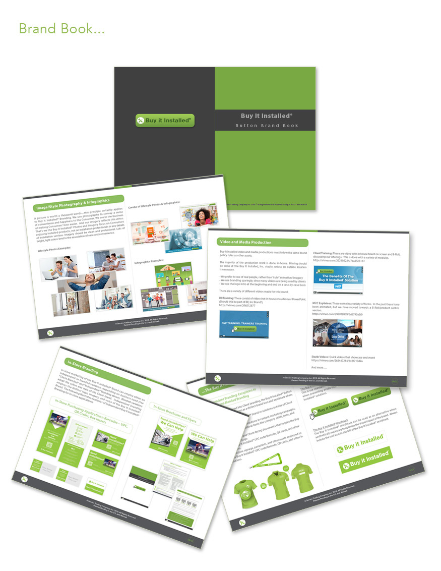 Buy It Installed brand book portfolio board with coordinated website, email, and promotional applications