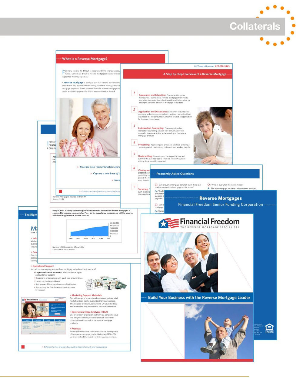 Financial Freedom portfolio board showing blue and red branded financial services marketing collateral
