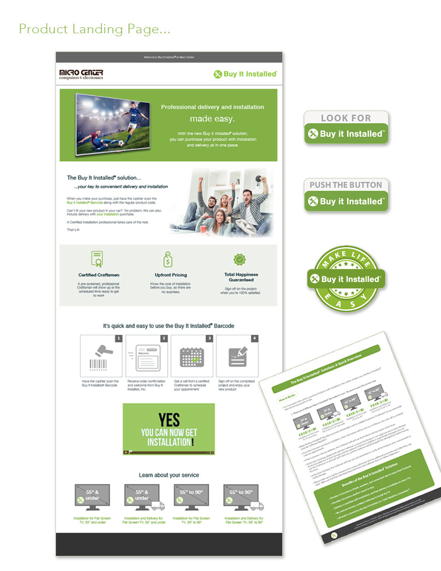 Portfolio board showing a green Buy It Installed product landing page and supporting digital assets