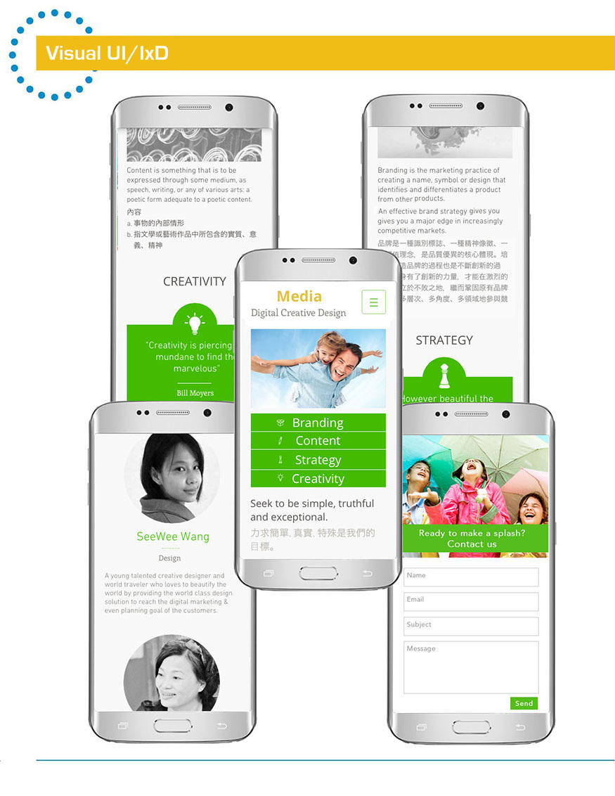 Portfolio board presenting mobile interface designs with green, black, and white visual treatments